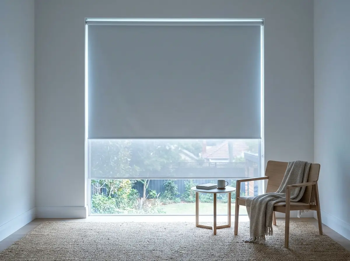 Blockout roller blind in fog grey fully lowered in a bright Westcliff heritage living-room corner