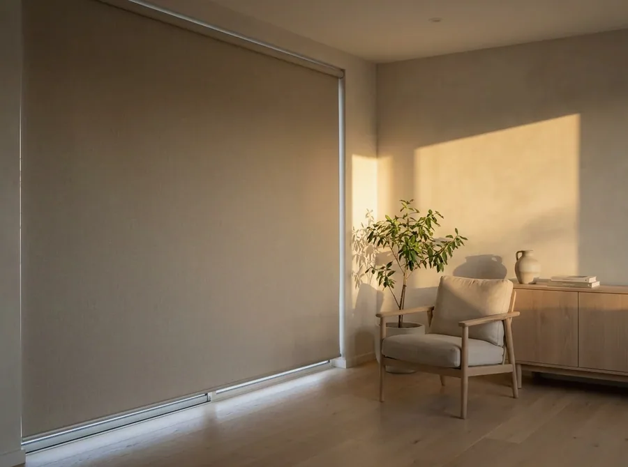 Blockout roller blind in fog grey — one smooth fabric panel on a tube, lowered over a Westcliff bedroom window