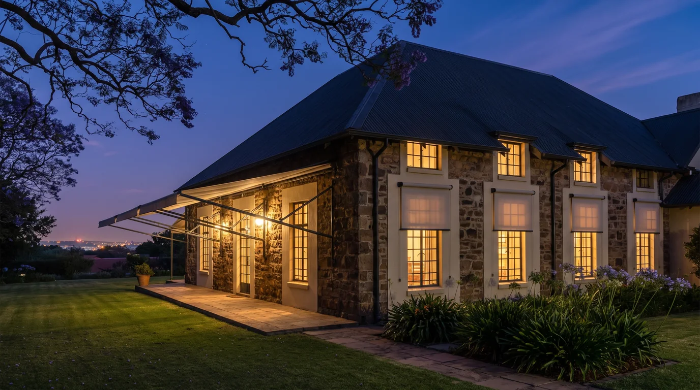 Stone-and-plaster Westcliff house at blue hour, veranda awning still out over the paving and the tall windows glowing warm above the lawn