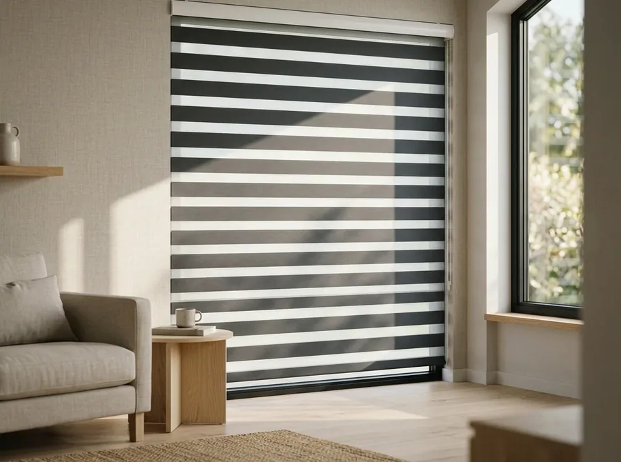Day-night zebra blind drawn full height beside an armchair in a Westcliff living room, sheer and solid bands set to hold privacy at midday