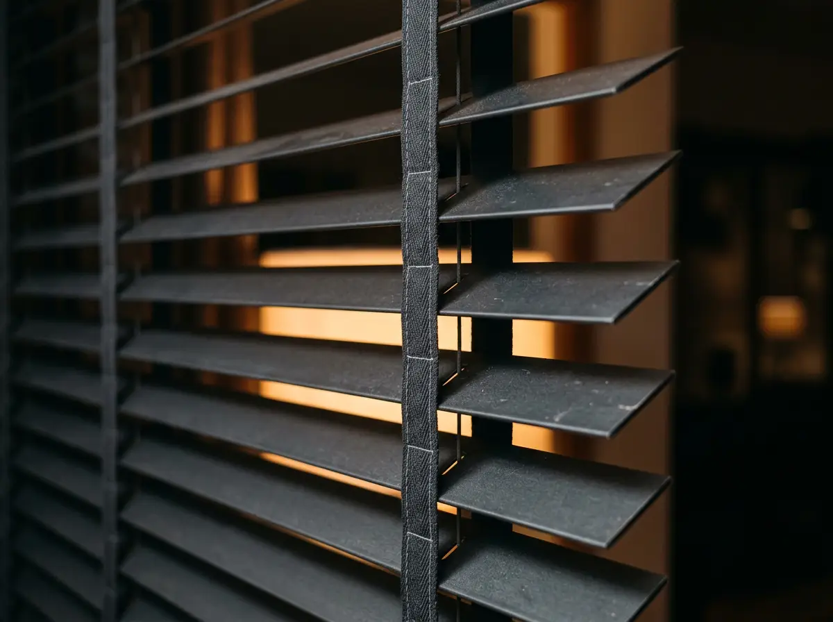 Close-up of graphite venetian blind slats and ladder tape glowing with warm lamp light in the evening