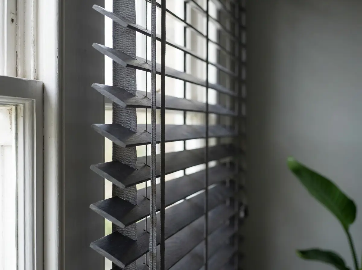 Close view of weathered grey venetian slats and ladder tape at a Westcliff window — the kind of blind we restring and re-fit