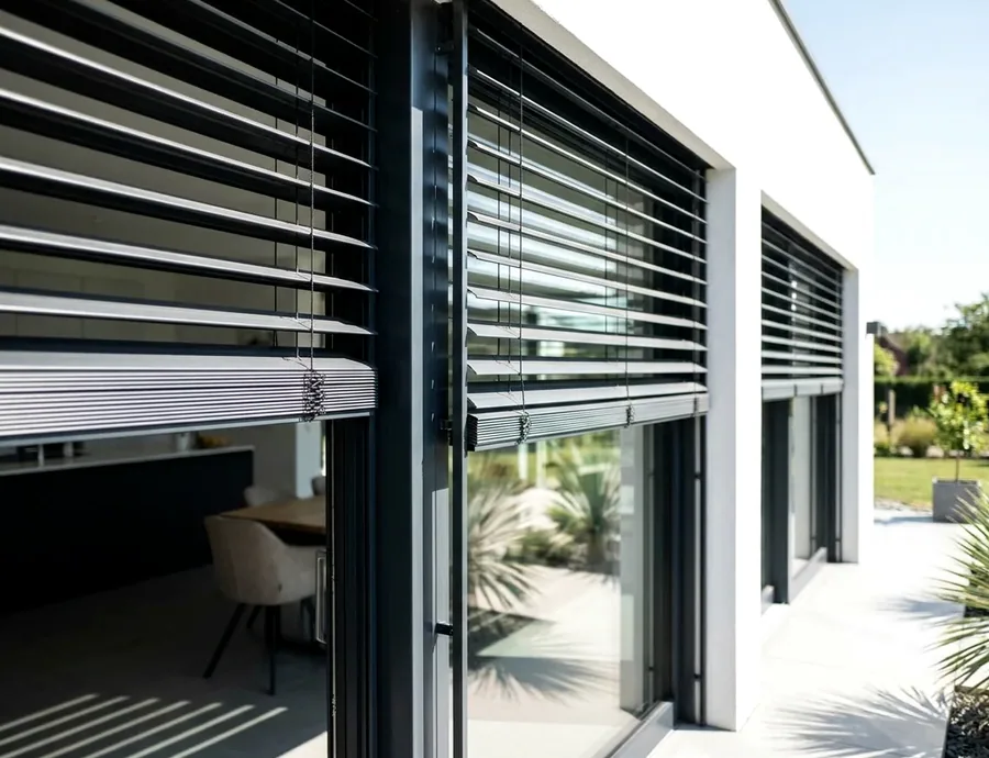 External venetian blinds mounted over sash windows on a Westcliff heritage facade