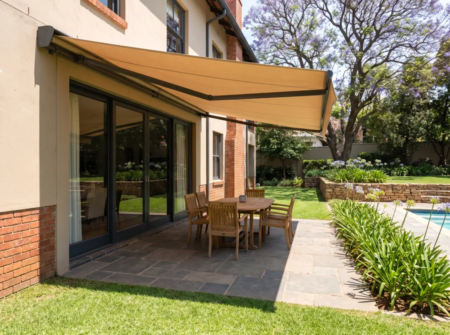 Sand canvas folding-arm awning bolted above the sliding doors of a Westcliff home, arms reaching out over the bluestone terrace with nothing standing on the paving
