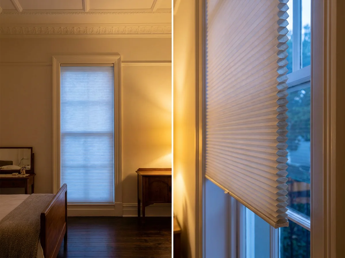 A cellular honeycomb blind lowered across a tall window in a corniced period bedroom, alongside a close view of the fabric showing its stacked six-sided air cells