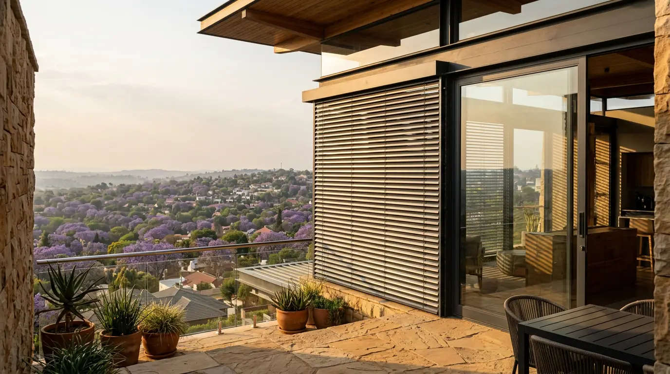 External aluminium venetian louvres partially closed over a glass sliding door on a Johannesburg ridge-edge home, golden late-afternoon sun raking across the slats