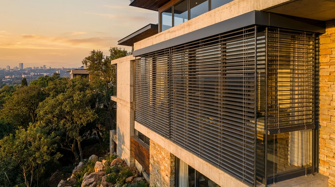 External aluminium venetian louvres shading a wall of glass on a contemporary house built into a Johannesburg ridge, with the city skyline beyond at golden hour