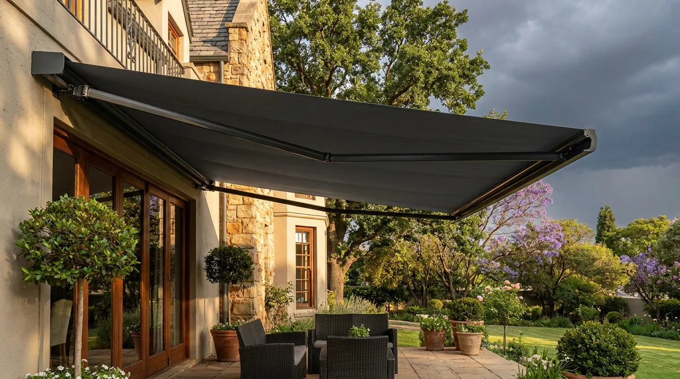 A motorised folding-arm awning fully extended over a stone terrace at a gracious old Johannesburg house, with jacarandas in the garden and storm clouds building behind