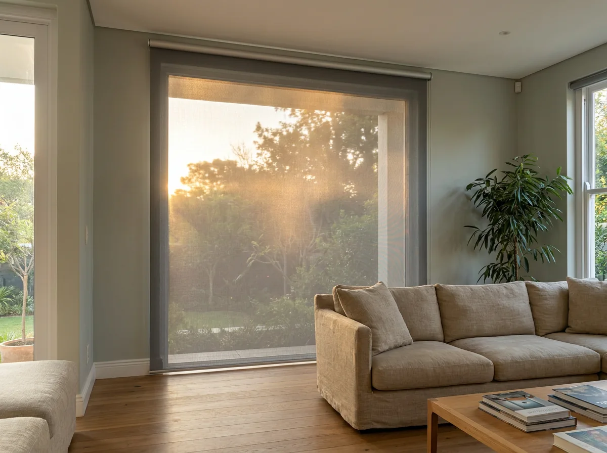 A sunscreen mesh roller blind lowered flat over a tall window in a west-facing living room, low afternoon sun glowing through the open-weave fabric with the garden still visible behind it