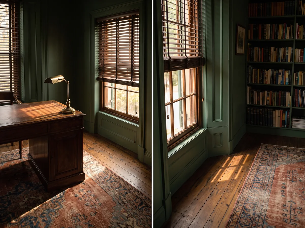 Dark timber venetian blinds hung inside the reveals of tall sash windows in a green-panelled Westcliff study, late afternoon light striping the old floorboards