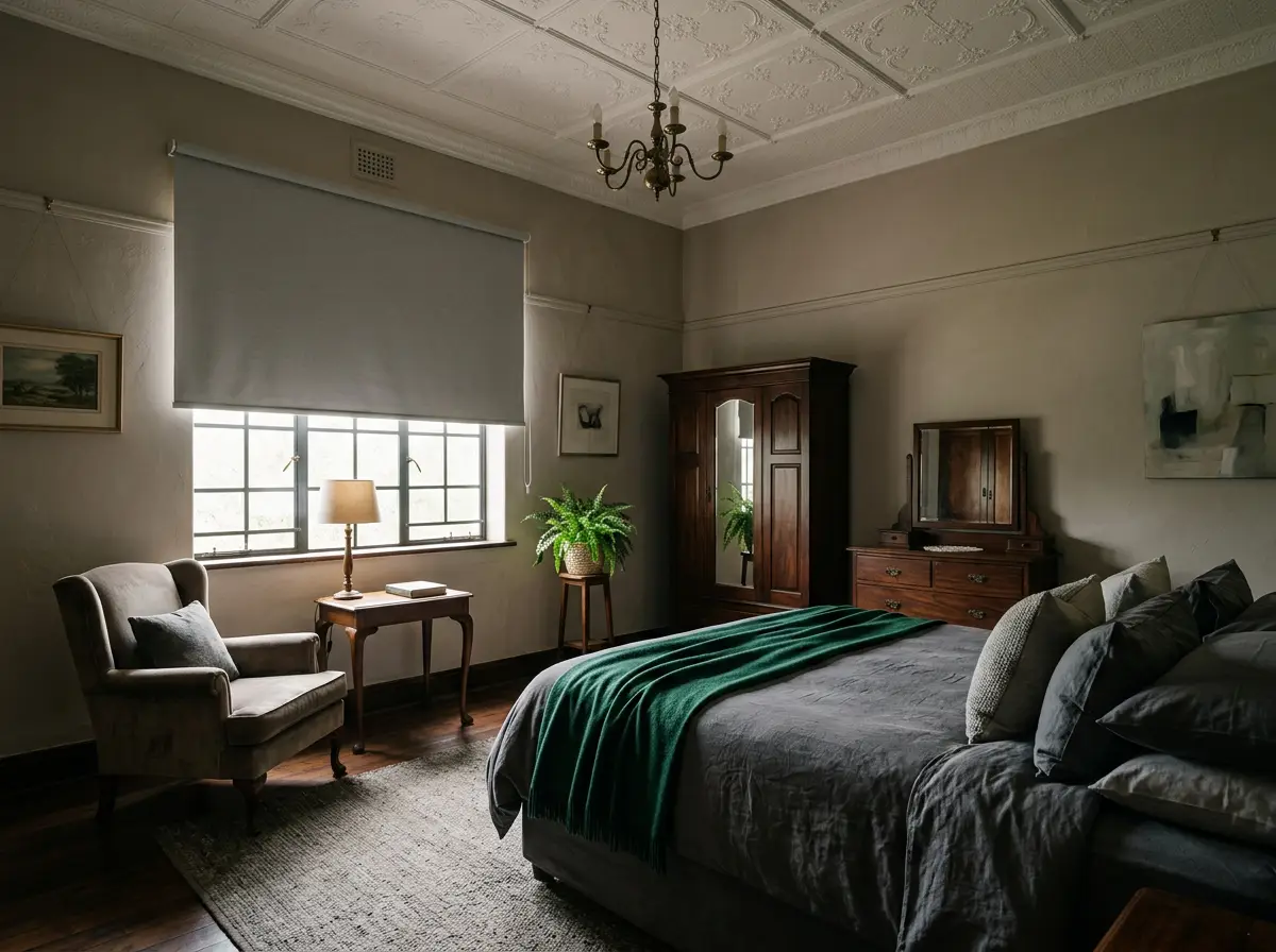 Westcliff bedroom with blockout blinds in fog grey tones, soft natural light through period sash windows