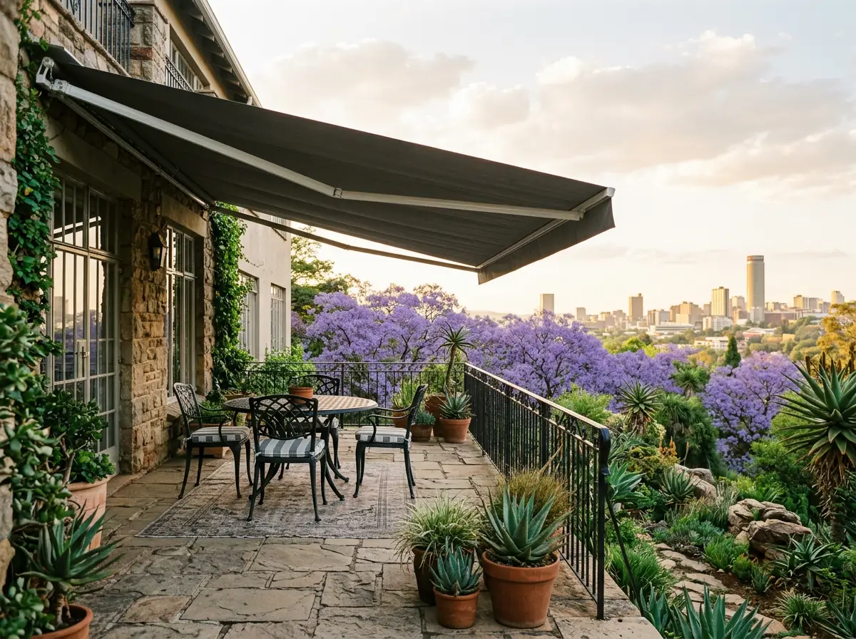 Graphite folding-arm awning shading a Westcliff terrace, jacarandas and the city skyline beyond