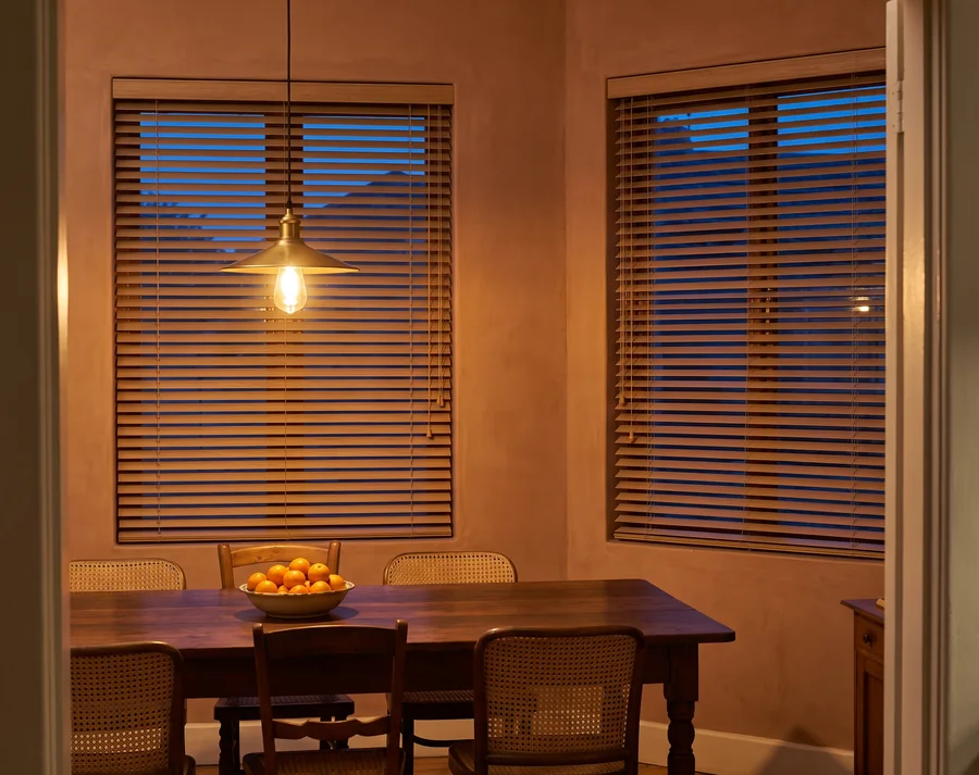 Honey-toned timber venetian blinds closed down over two dining-room windows in a Westcliff home at dusk, the brass pendant lit low over the table